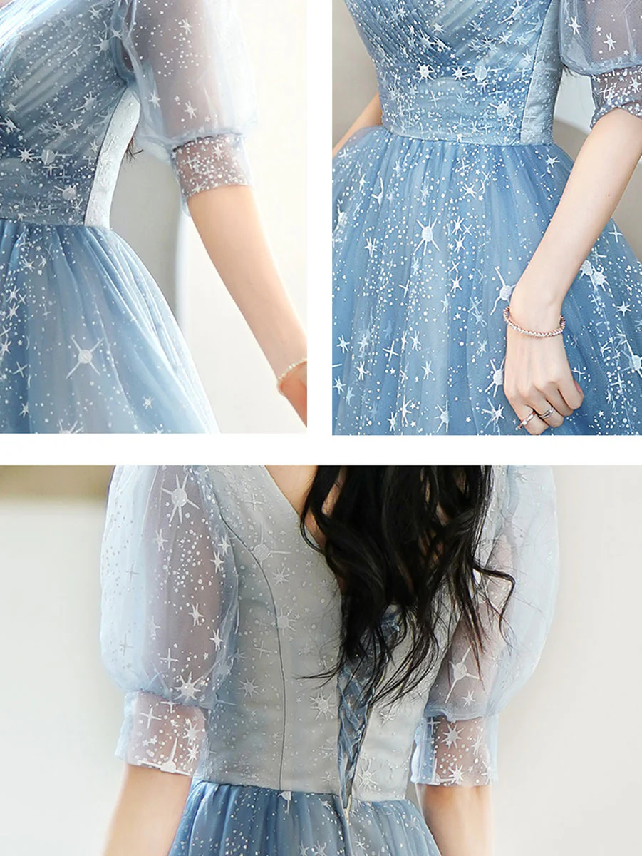 Simple V Neck Tulle Star Blue Long Prom Dress, Blue Formal Bridesmaid Dresses - Deanwangkt
