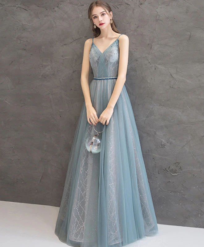 Gray Blue V Neck Tulle Long Prom Dress Gray Blue Evening Dress - Deanwangkt