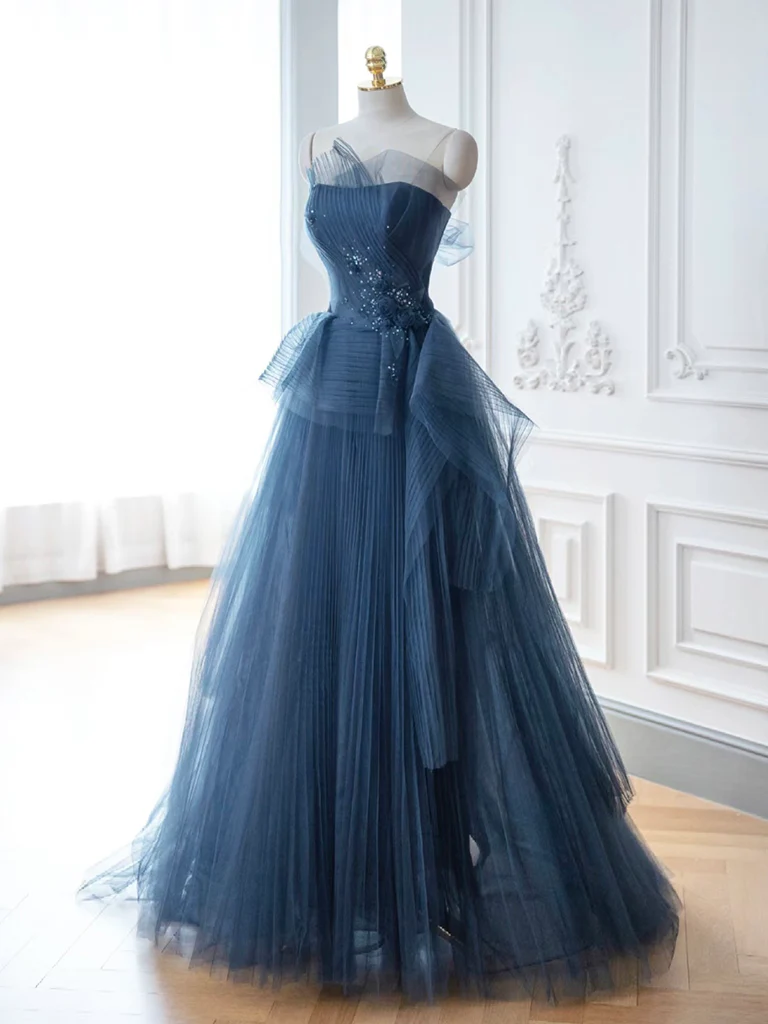 A- Line Tulle Sequin Dark Blue Long Prom Dress, Dark Blue Long Evening Dress - Deanwangkt