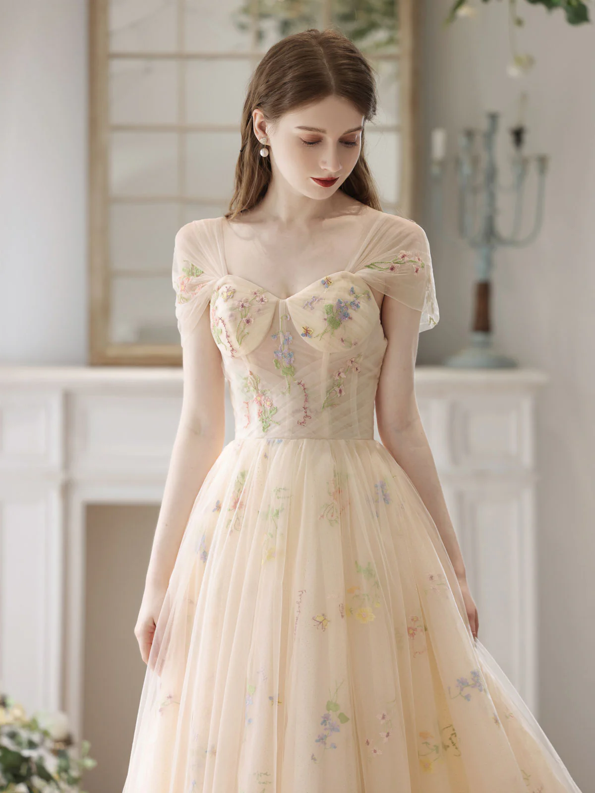 A-Line Sweetheart Neck Tulle Lace Champagne Long Prom Dress, Lace Formal Dress - Deanwangkt