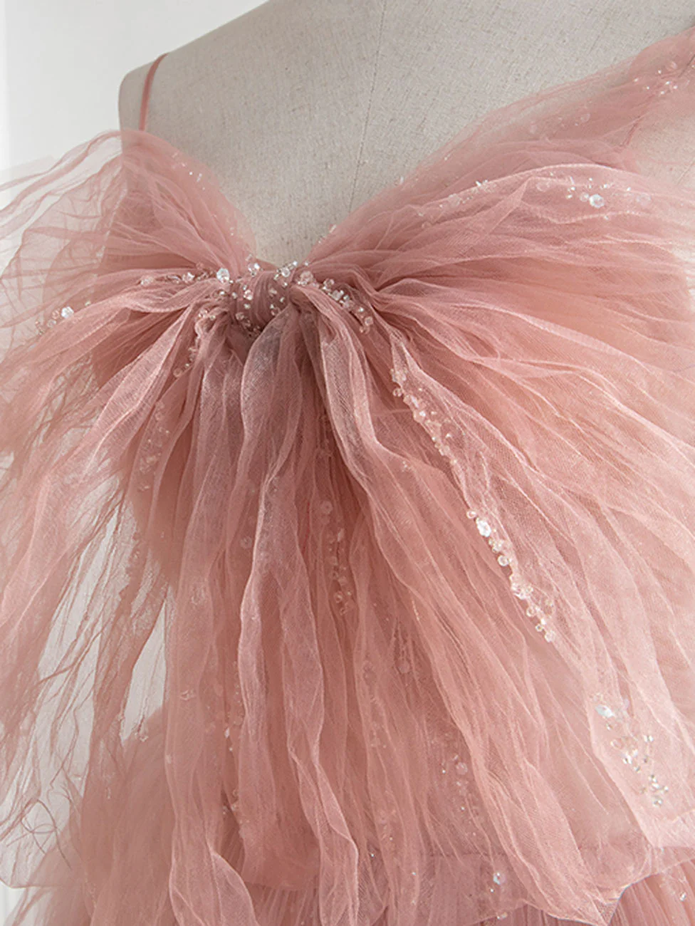 A-Line Pink Tulle Sequin Long Prom Dresses, Pink Formal Evening Dresses - Deanwangkt