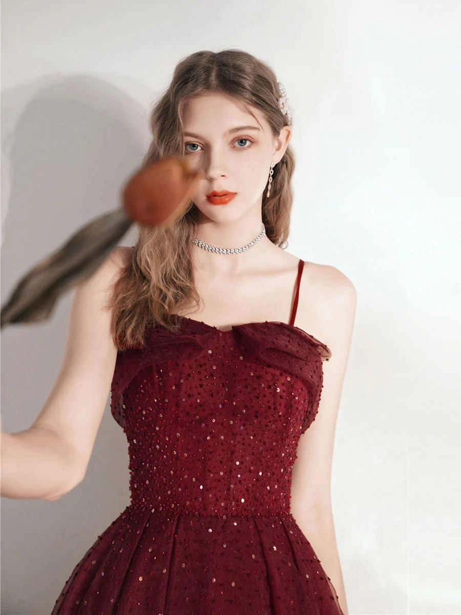 Aline Tea Length Burgundy Prom Dress, Burgundy Homecoming Dress - Deanwangkt
