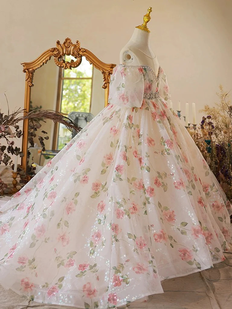 A-Line Off Shoulder Tulle Lace Champagne Long Flower Girl Dress - Deanwangkt
