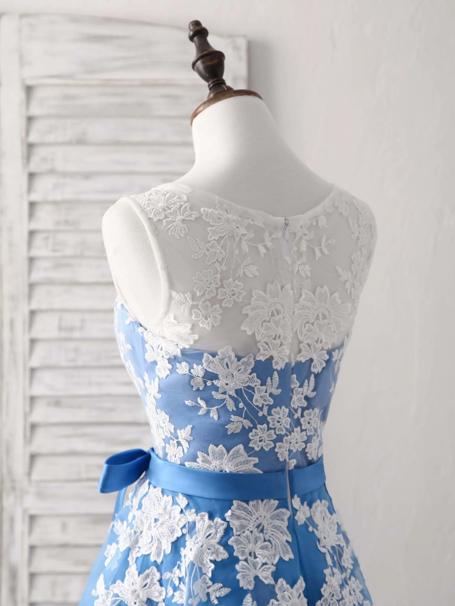 Blue Round Neck Tulle Lace Applique Tea Long Prom Dress, Bridesmaid Dress - Deanwangkt