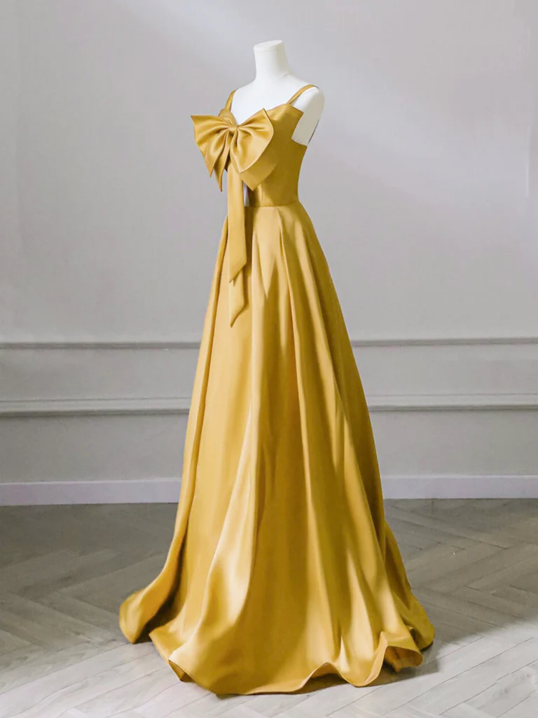 A-Line Sweetheart Neck Satin Yellow Long Prom Dress, Yellow Long Formal Dress - Deanwangkt