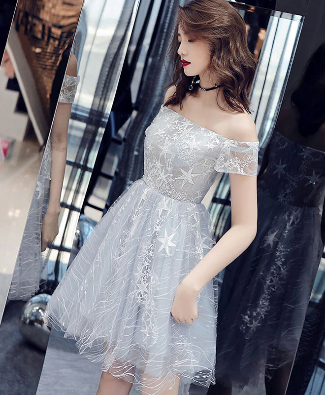 Gray Tulle Lace Off Shoulder Short Prom Dress, Gray Tulle Evening Dress - Deanwangkt