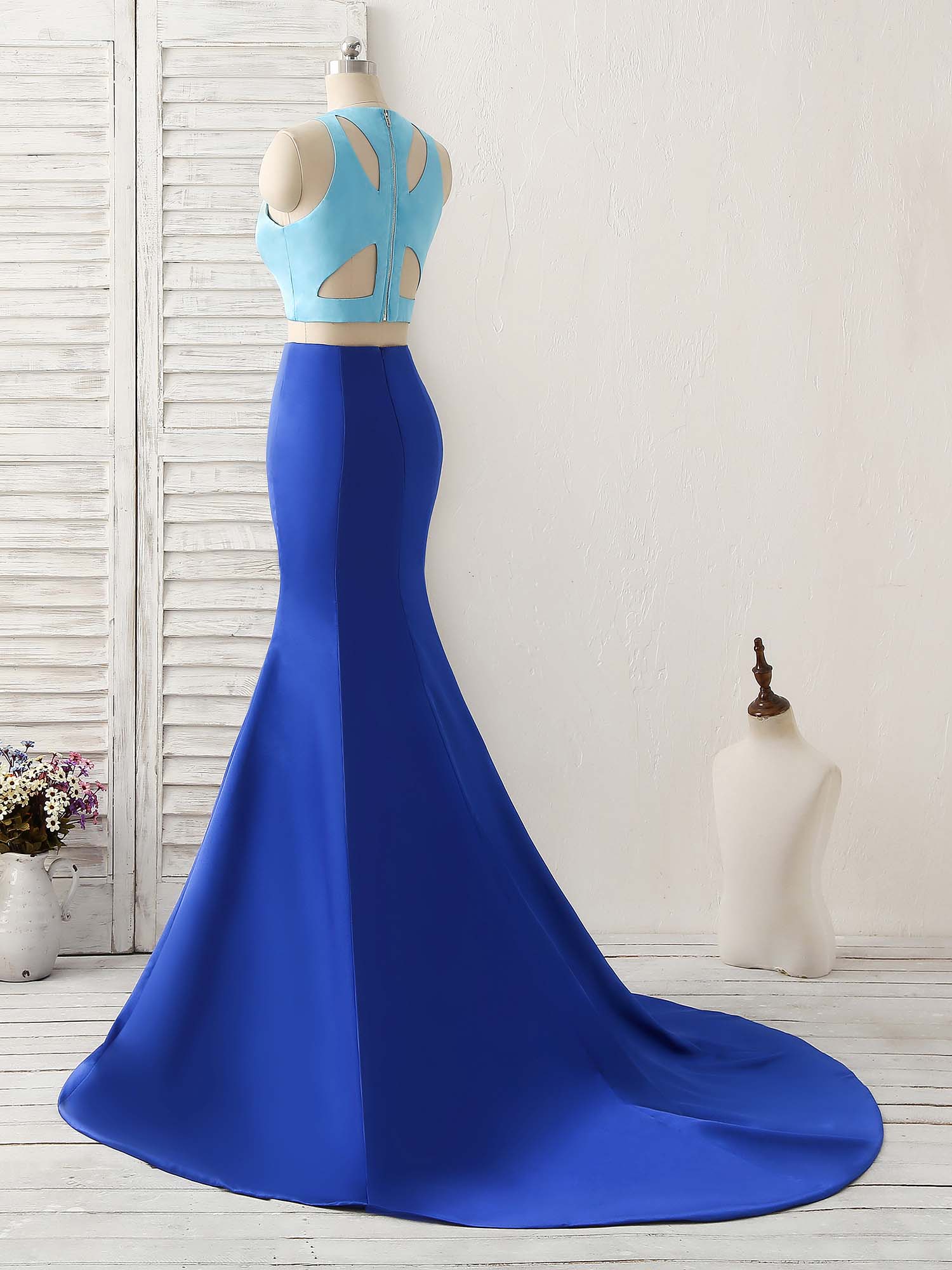 Royal Blue Two Pieces Satin Long Prom Dress, Blue Evening Dress - Deanwangkt