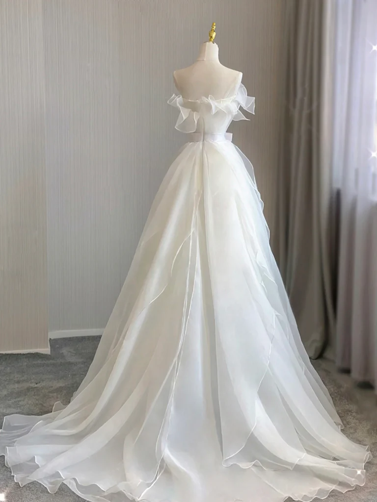 A-Line Organza White Long Prom Dress, White Long Formal Dress - Deanwangkt