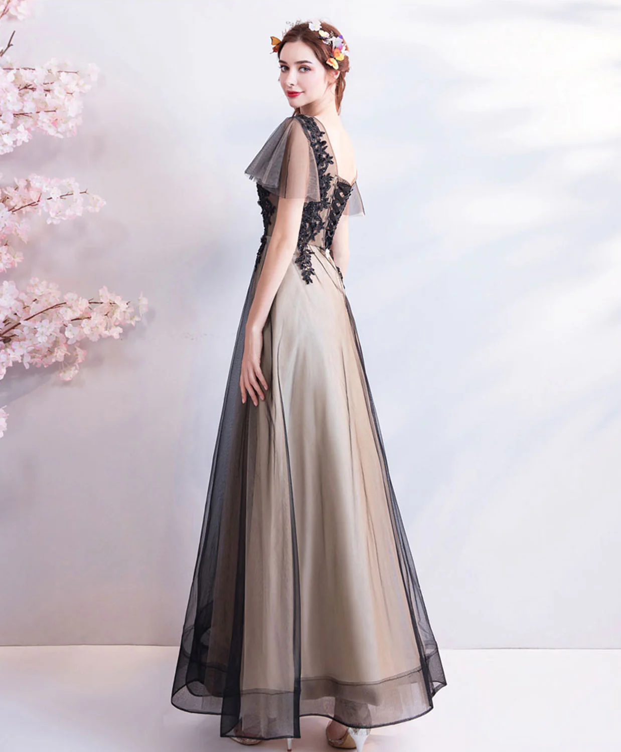 Black V Neck Lace Tulle Long Prom Dress, Black Evening Dress - Deanwangkt