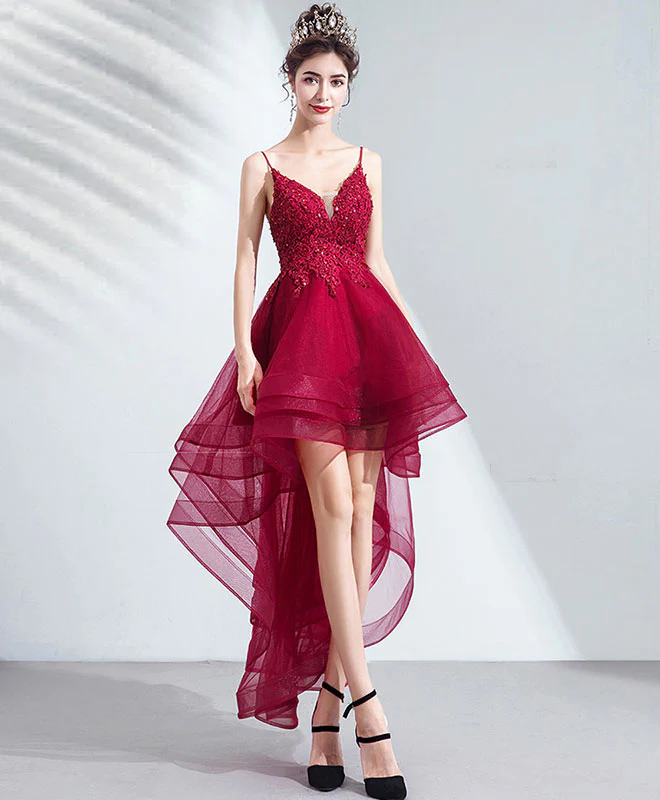 Burgundy Tulle Lace High Low Prom Dress Lace Homecoming Dress - Deanwangkt