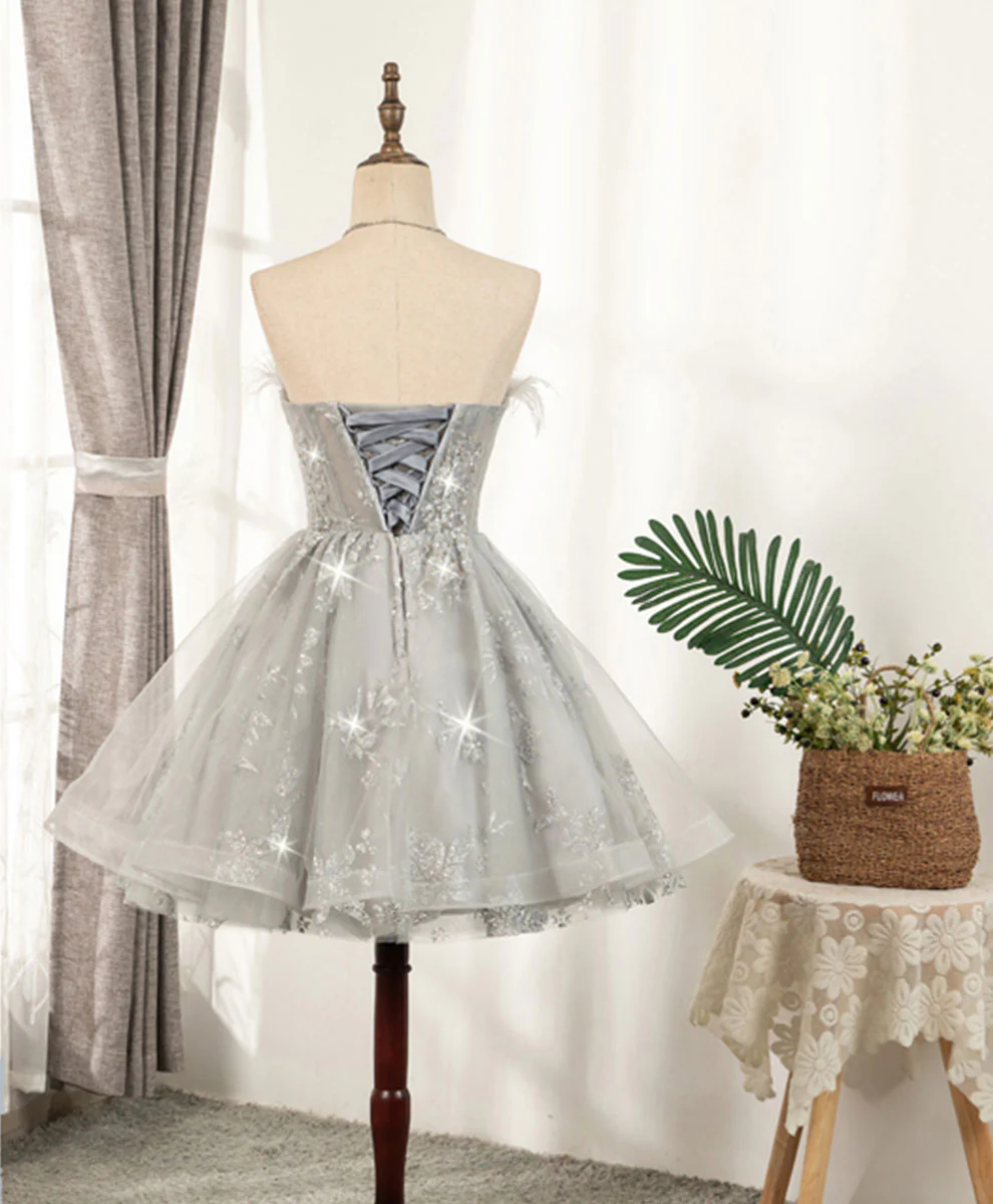 Gray Sweetheart Lace Tulle Short Prom Dress Gray Homecoming Dress - Deanwangkt