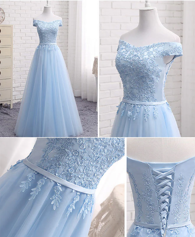 Sky Blue A Line Lace Off Shoulder Prom Dress, Lace Bridesmaid Dresses - Deanwangkt