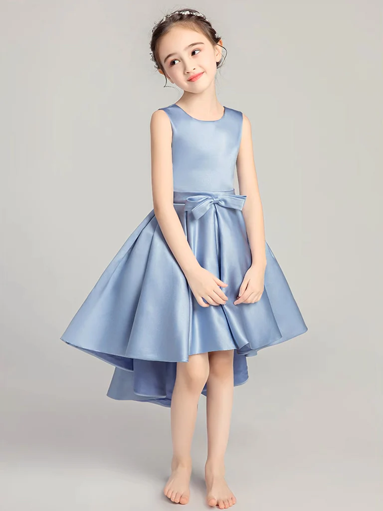 A-Line Round Neck High Low Satin Blue Short Flower Girl Dress - Deanwangkt