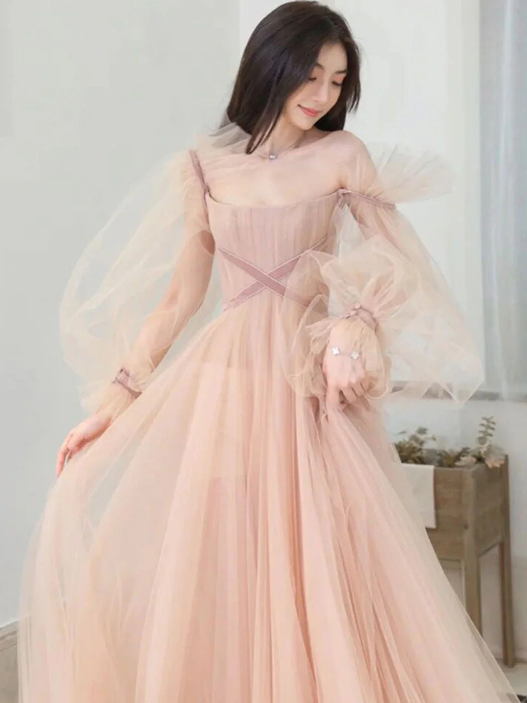Champagne Aline Tulle Long Prom Dresses, Long Formal Graduation Dresses - Deanwangkt