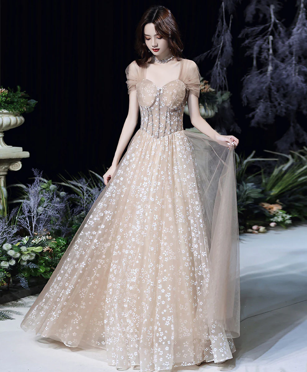 Champagne Tulle Long Prom Dress, Champagne Formal Party Dress with Beading - Deanwangkt