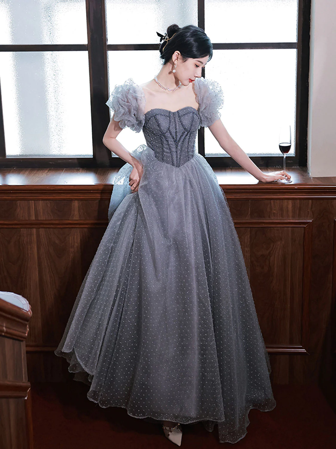 Gray Aline Tulle Gray Long Prom Dresses, Aline Gray Tulle Formal Evening Dresses - Deanwangkt