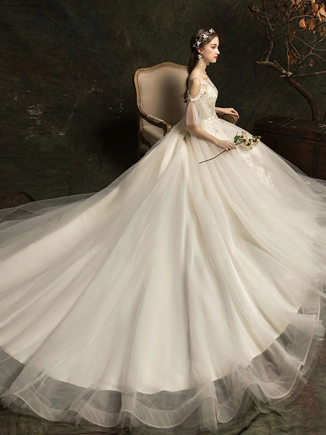 White Round Neck Tulle Lace Long Wedding Dress, Bridal Dress - Deanwangkt