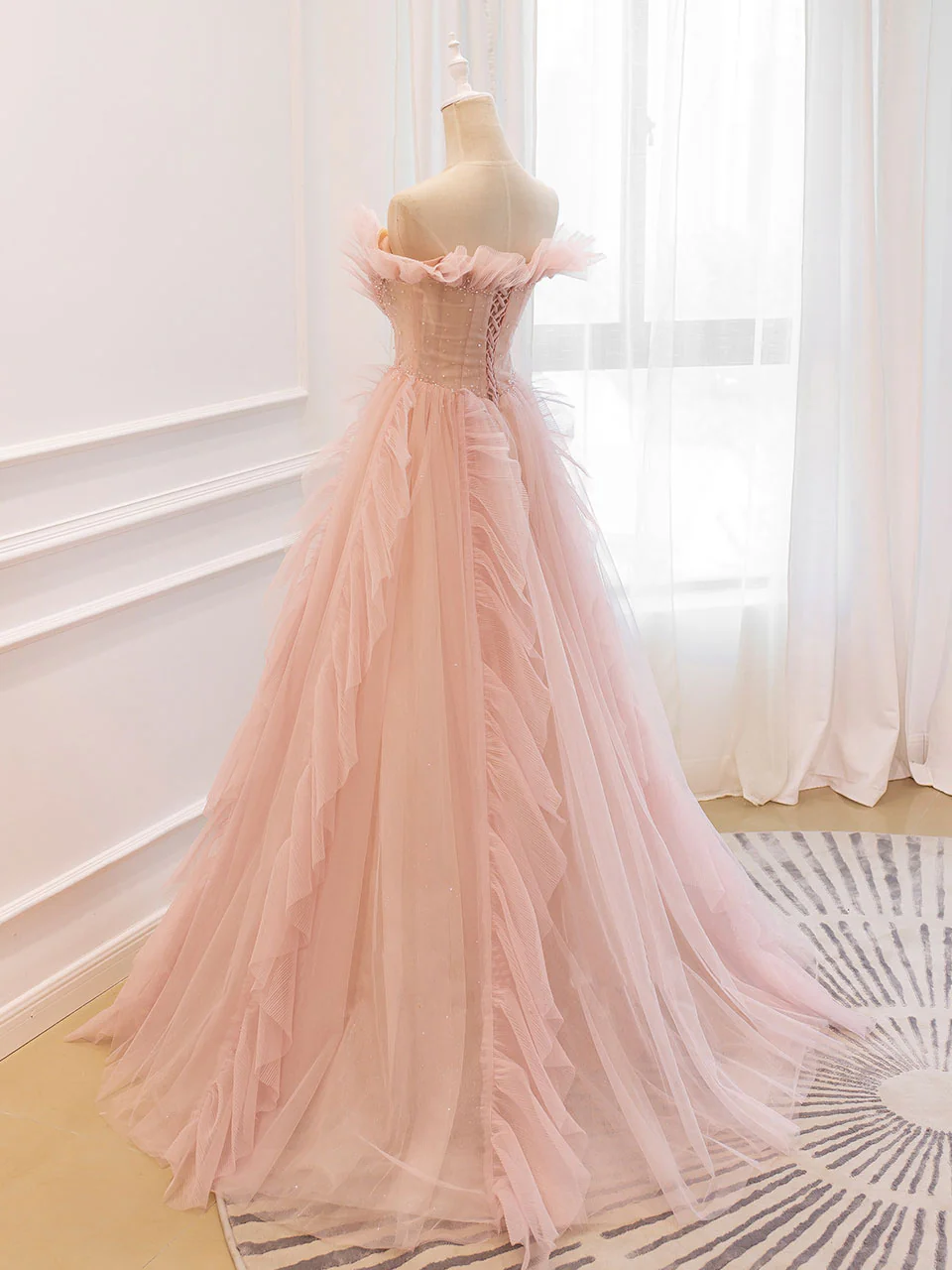 Pink Off Shoulder Tulle Long Prom Dress, Pink A line Tulle Graduation Dress - Deanwangkt