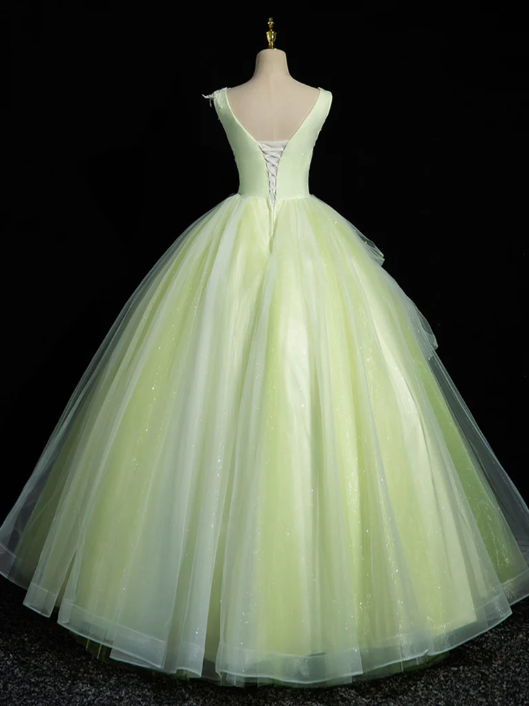 A-Line V Neck Lace Tulle Green Long Prom Dress, Green Sweet 16 Dress - Deanwangkt