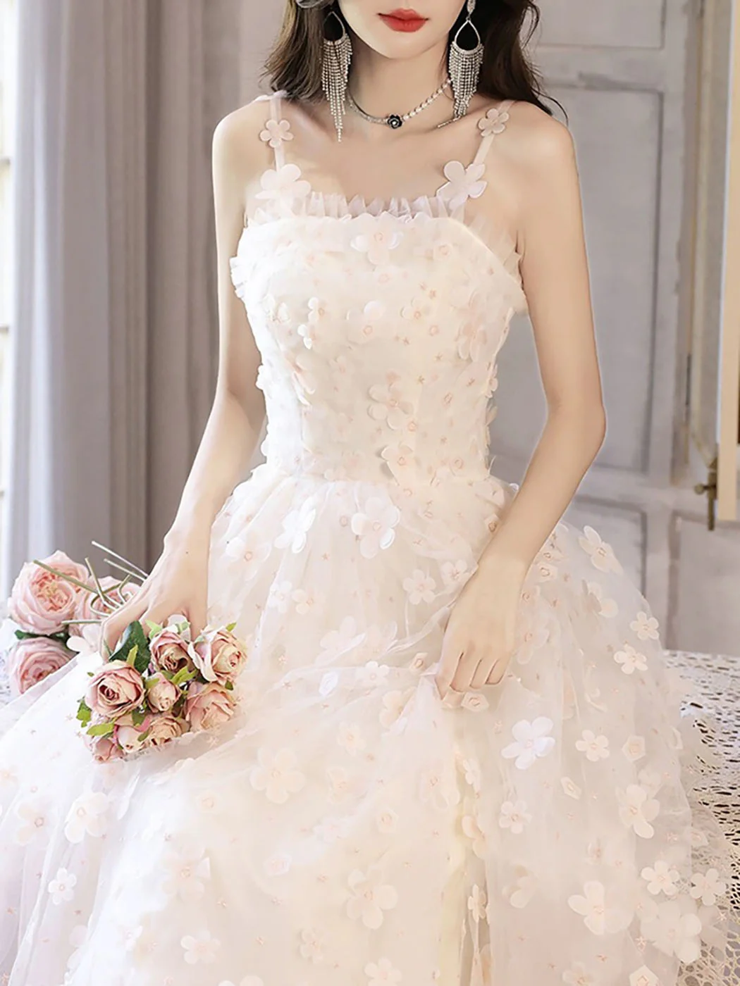 White A-Line Tulle Flower Long Prom Dress, White Formal Evening Dress - Deanwangkt
