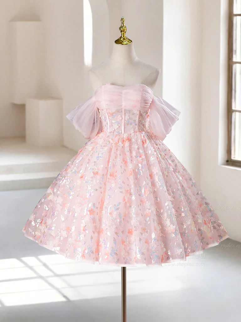A-Line Off Shoulder Tulle Short Pink Prom Dress, Pink Homecoming Dress - Deanwangkt