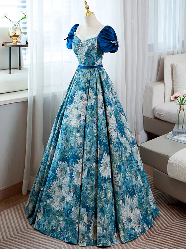 A-Line Puff Sleeves Satin Blue Long Prom Dress, Blue Long Formal Dress - Deanwangkt
