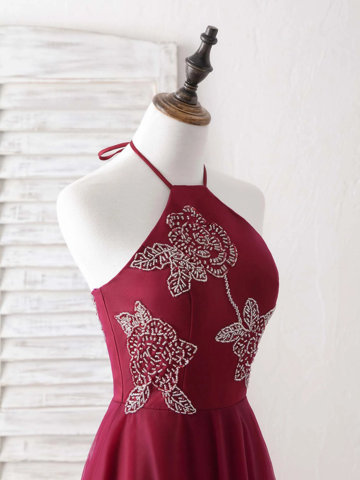 Burgundy Tulle Beads Long Prom Dress Burgundy Evening Dress - Deanwangkt