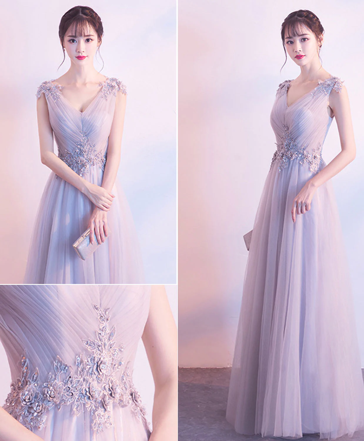 Gray V Neck Tulle Lace Long Prom Dress, Gray Tulle Evening Dress - Deanwangkt