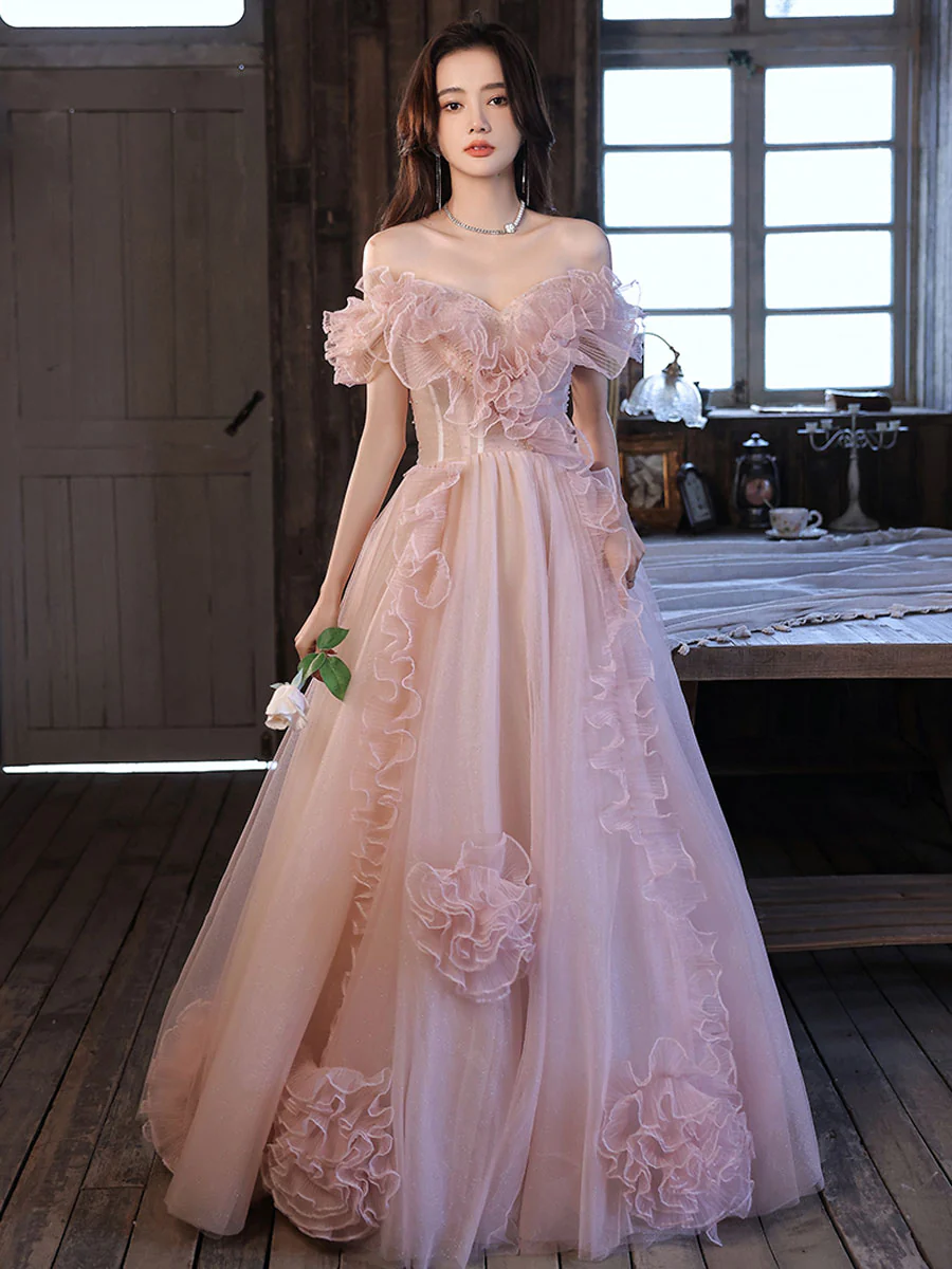 Pink Tulle Off Shoulder Long Prom Dress, Pink Formal Graduation Dresses - Deanwangkt