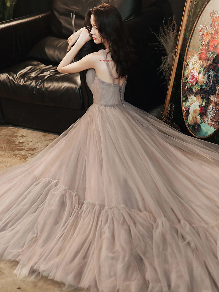 Simple Gray V Neck Tulle Long Prom Dress Gray Formal Dress - Deanwangkt