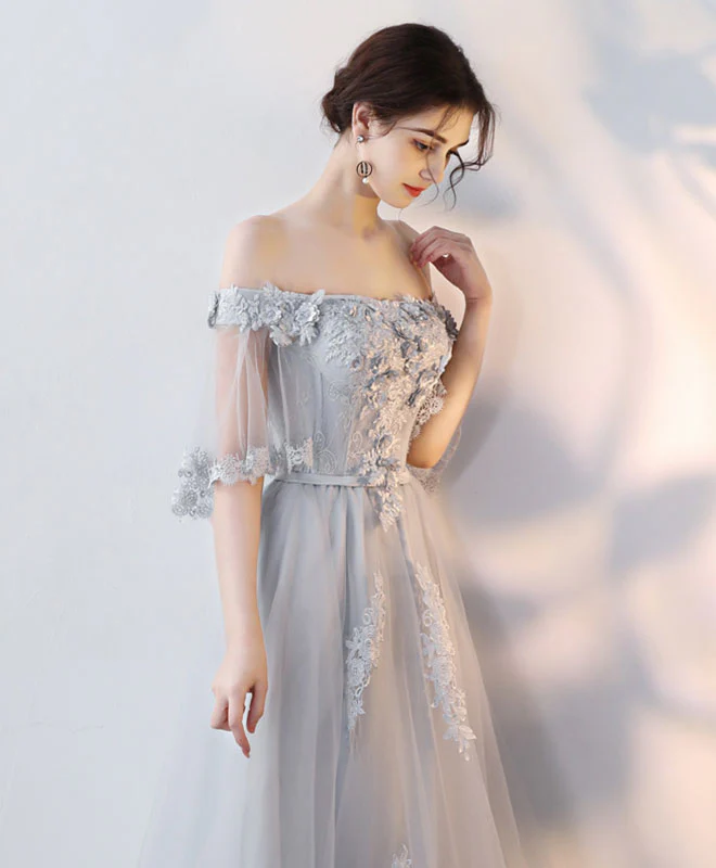 Gray Tulle Lace Long Prom Dress, Lace Evening Dress - Deanwangkt