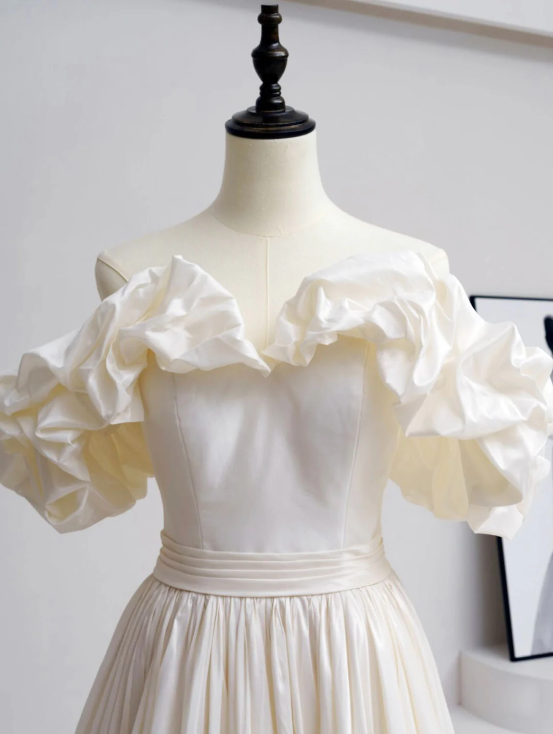 A-Line Off Shoulder Beige Taffeta Long Prom Dresses, Beige Formal Evening Dress - Deanwangkt