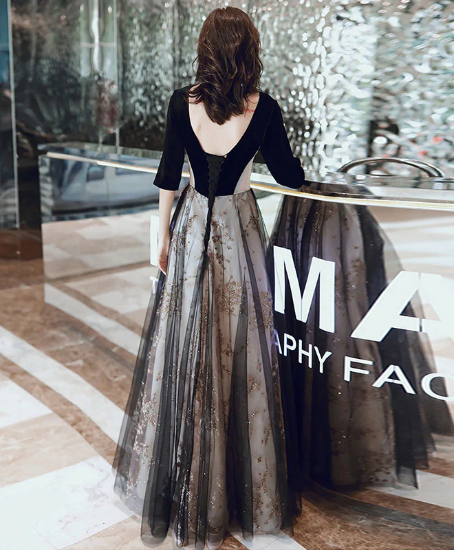 Black Round Neck Tulle Long Prom Dress Black Evening Dress - Deanwangkt
