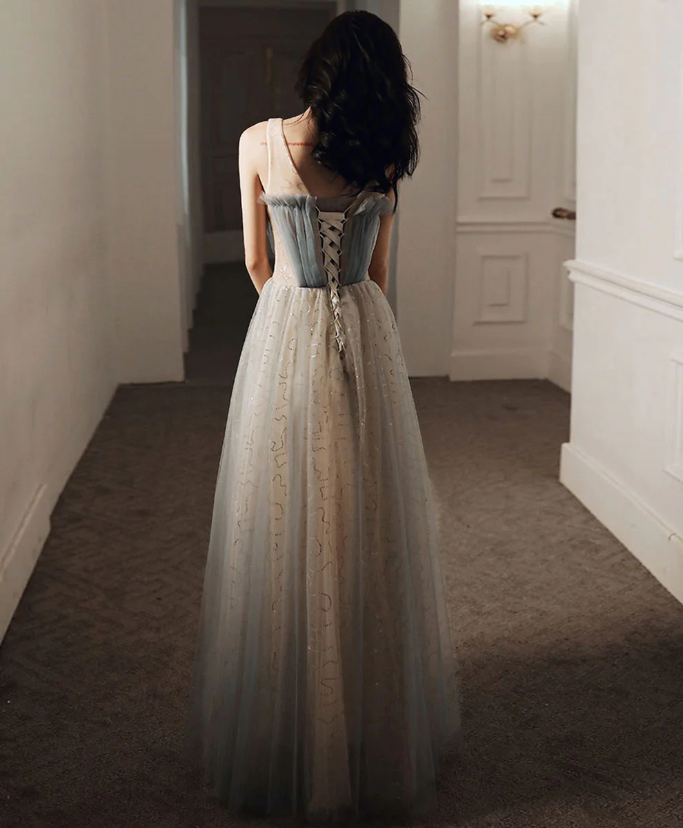 Blue V Neck Tulle Long Prom Dress, Blue Tulle Formal Dress with Sequin - Deanwangkt