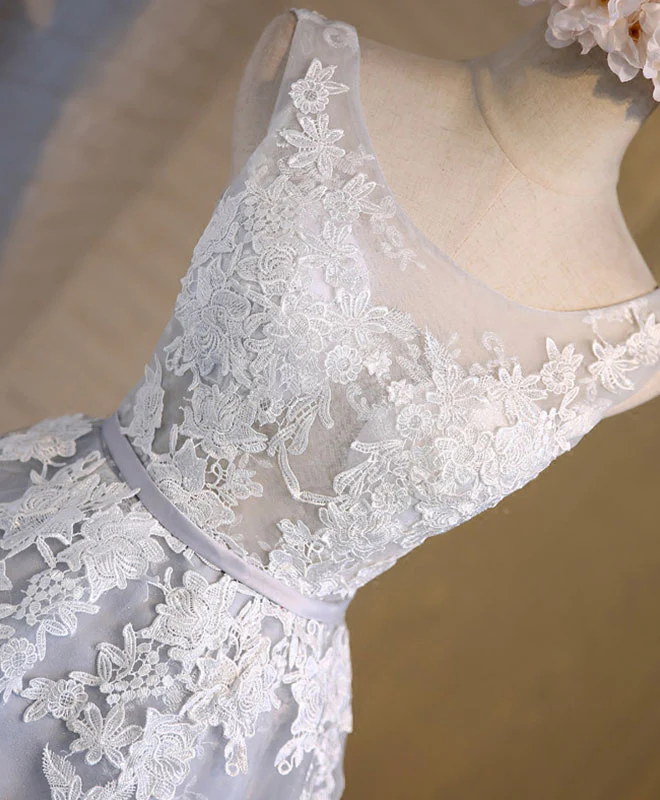 Gray Tulle Lace Applique Short Prom Dress, Gray Homecoming Dresses - Deanwangkt