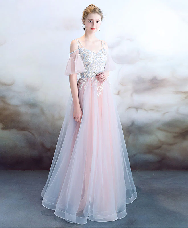 Elegant Light Pink Tulle Long Prom Dress, Pink Evening Dress - Deanwangkt