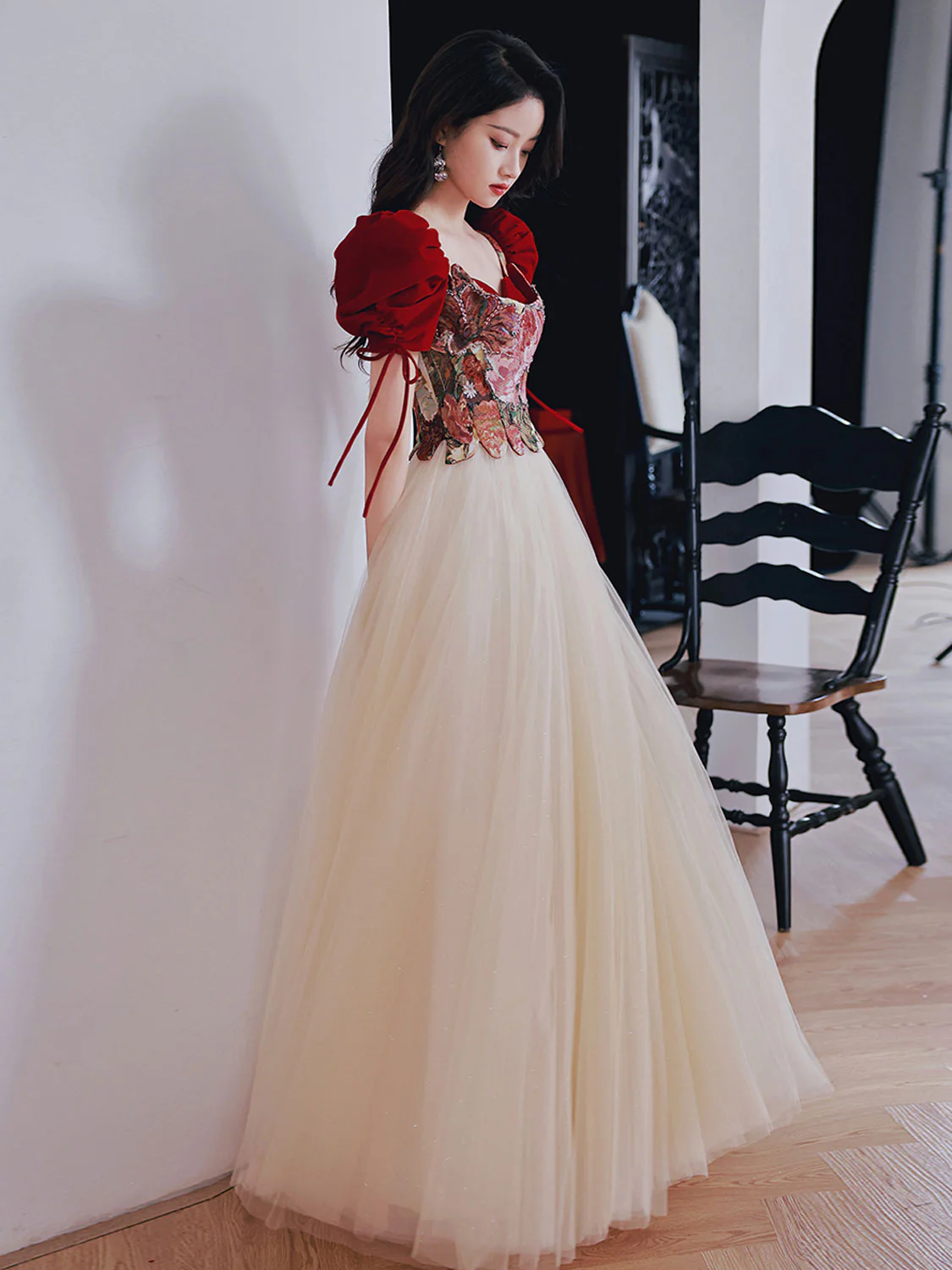 Champagne Aline Tulle Lace Long Prom Dress Champagne Evening Graduation Dresses - Deanwangkt