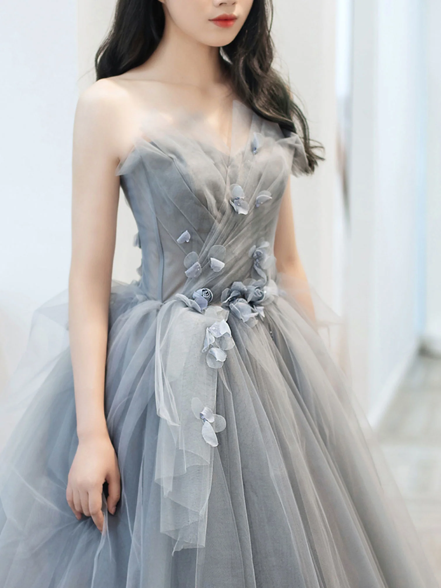 Gray Long Prom Dress, Gray Tulle Ball Gown Formal Dresses - Deanwangkt