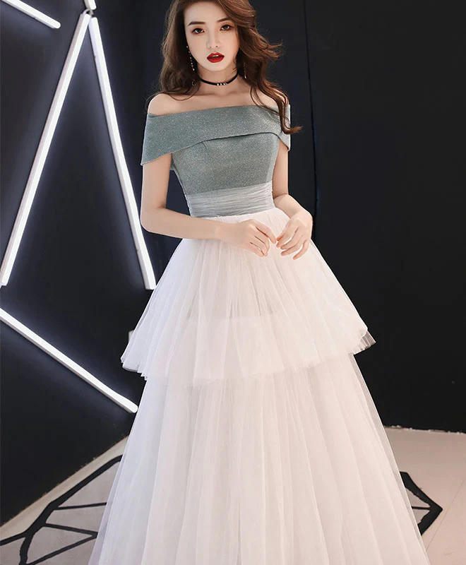 White Tulle Long Prom Dress, White Tulle Formal Dress - Deanwangkt