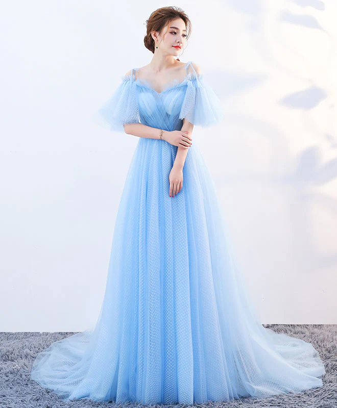 Stylish Sky Blue Tulle Long Prom Dress, Evening Dress - Deanwangkt