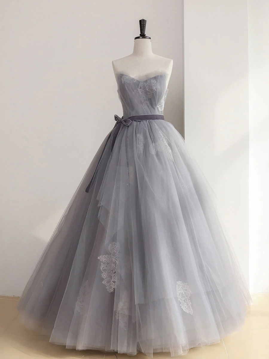Gray Tulle Lace Long Prom Dress, Gray Ball Gown Formal Dresses - Deanwangkt