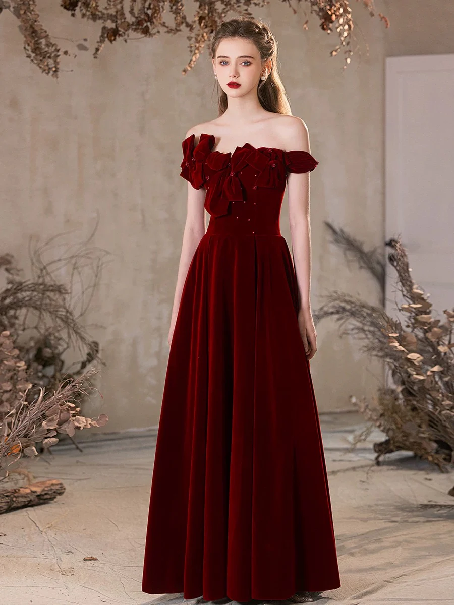 A-Line Off Shoulder Velvet Burgundy Long Prom Dress, Burgundy Long Formal Dress - Deanwangkt