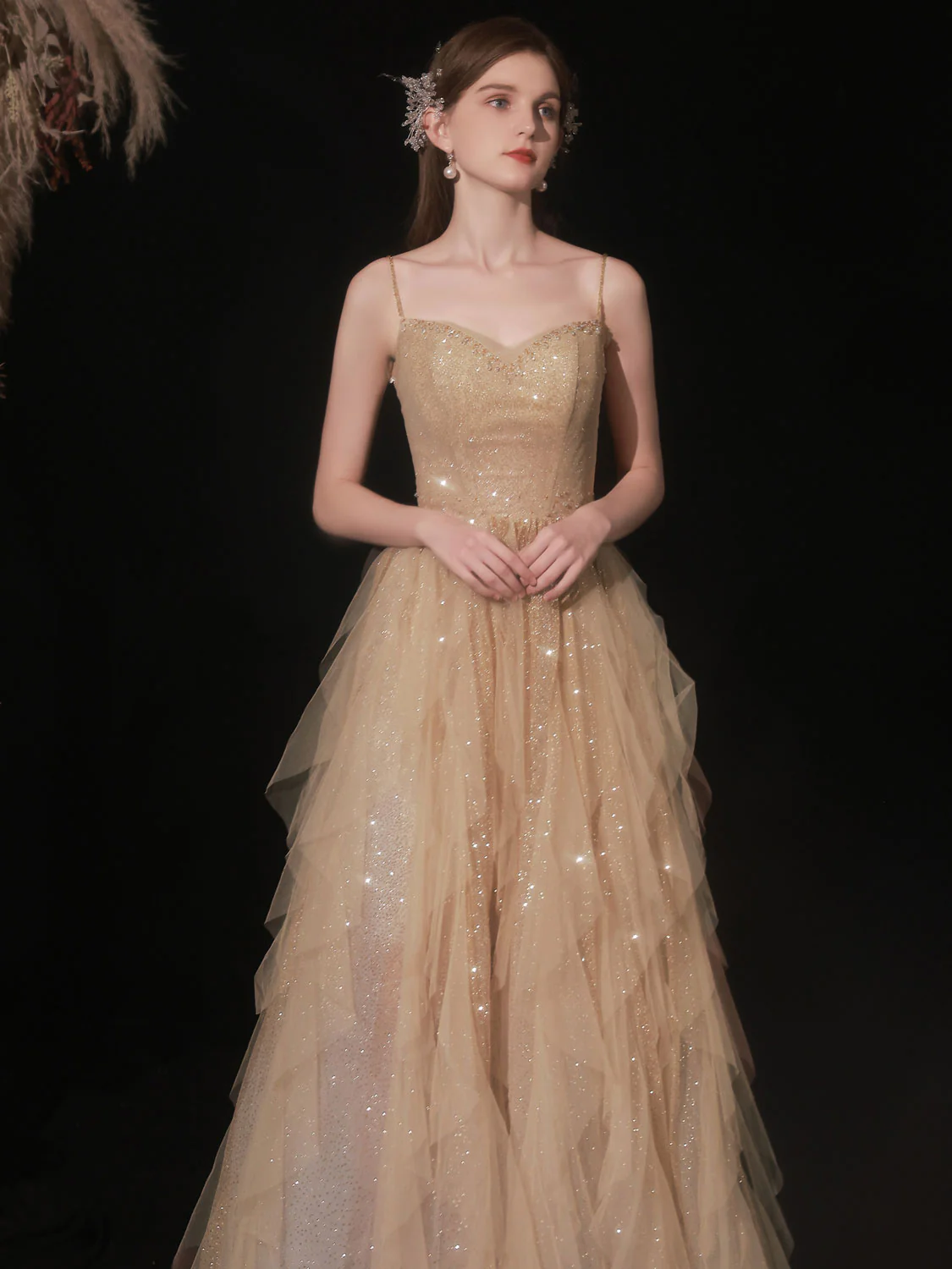 Champagne Tulle Sequin Long Prom Dress, Champagne Tulle Formal Dress - Deanwangkt