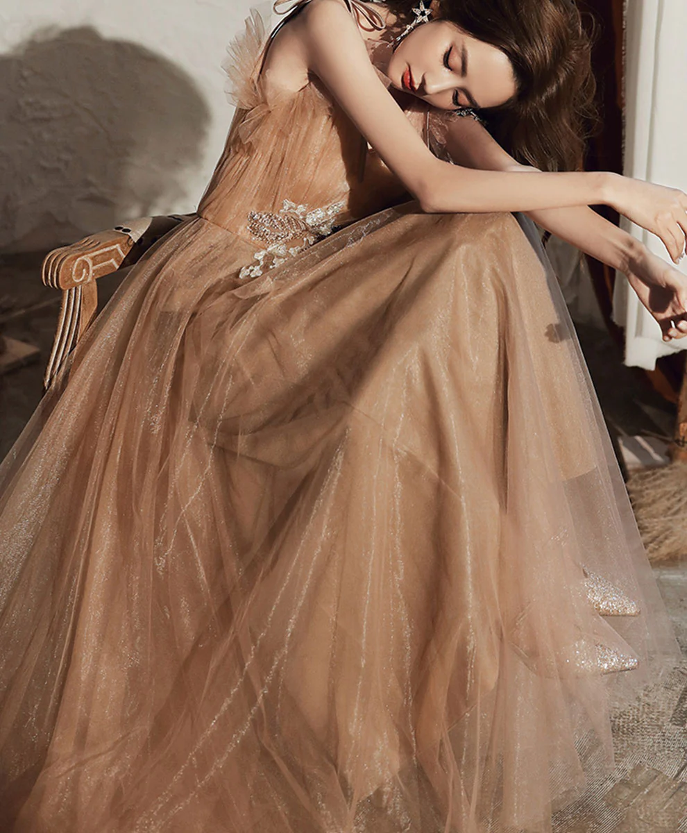 Champagne V Neck Tulle Lace Long Prom Dress Lace Tulle Graduation Dresses - Deanwangkt