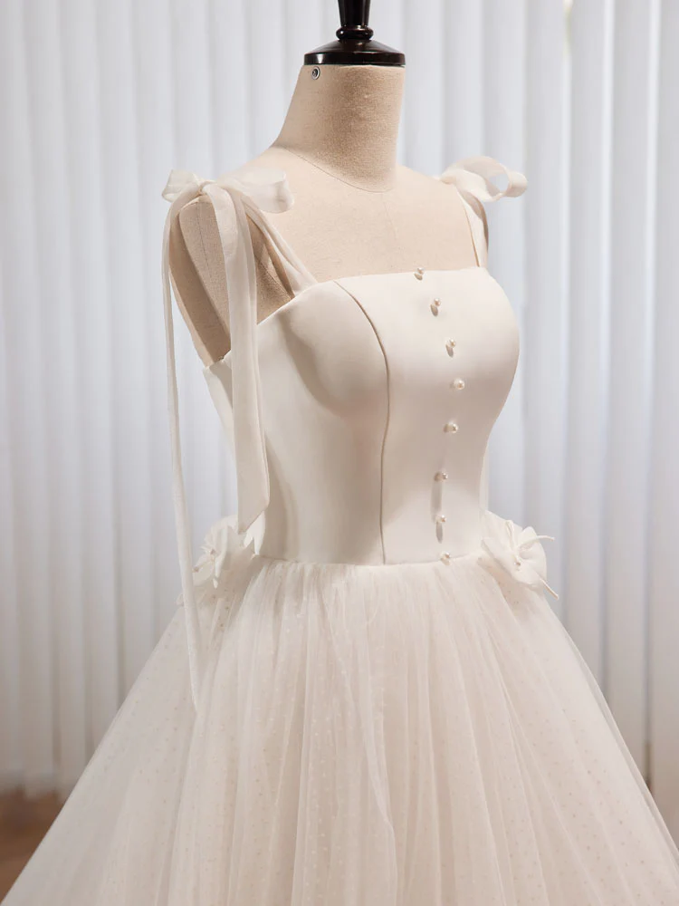 White A-line Tulle Long Prom Dress, White Tulle Formal Dress - Deanwangkt