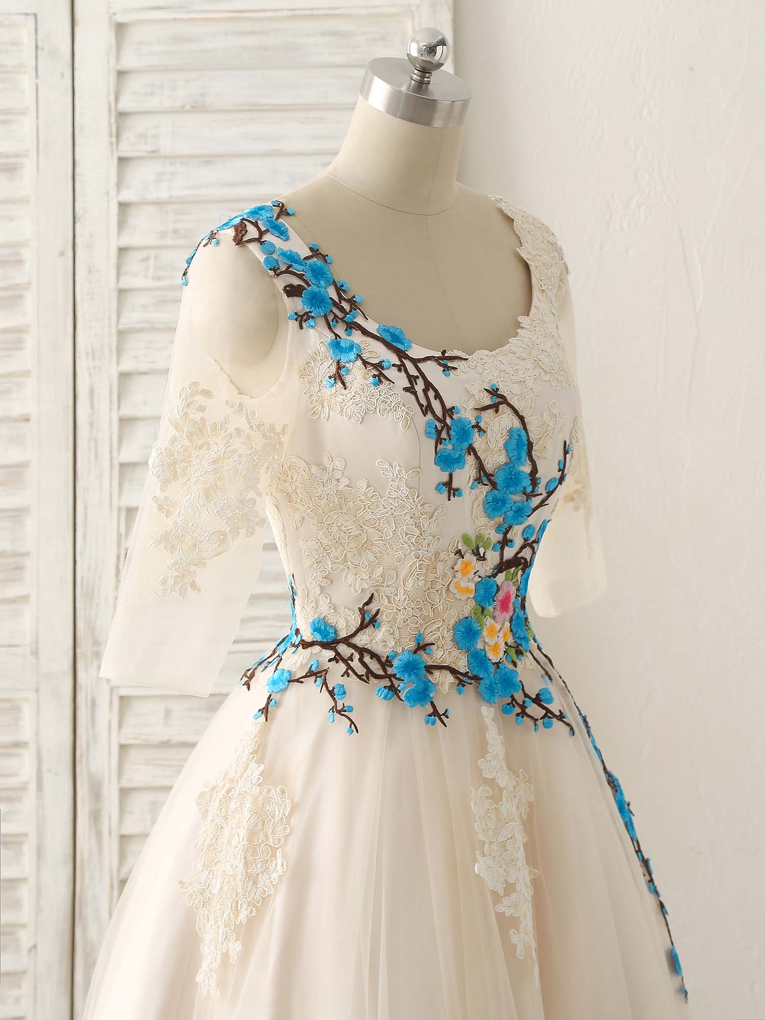 Unique Lace Applique Tulle Long Prom Dress Light Champagne Bridesmaid Dress - Deanwangkt