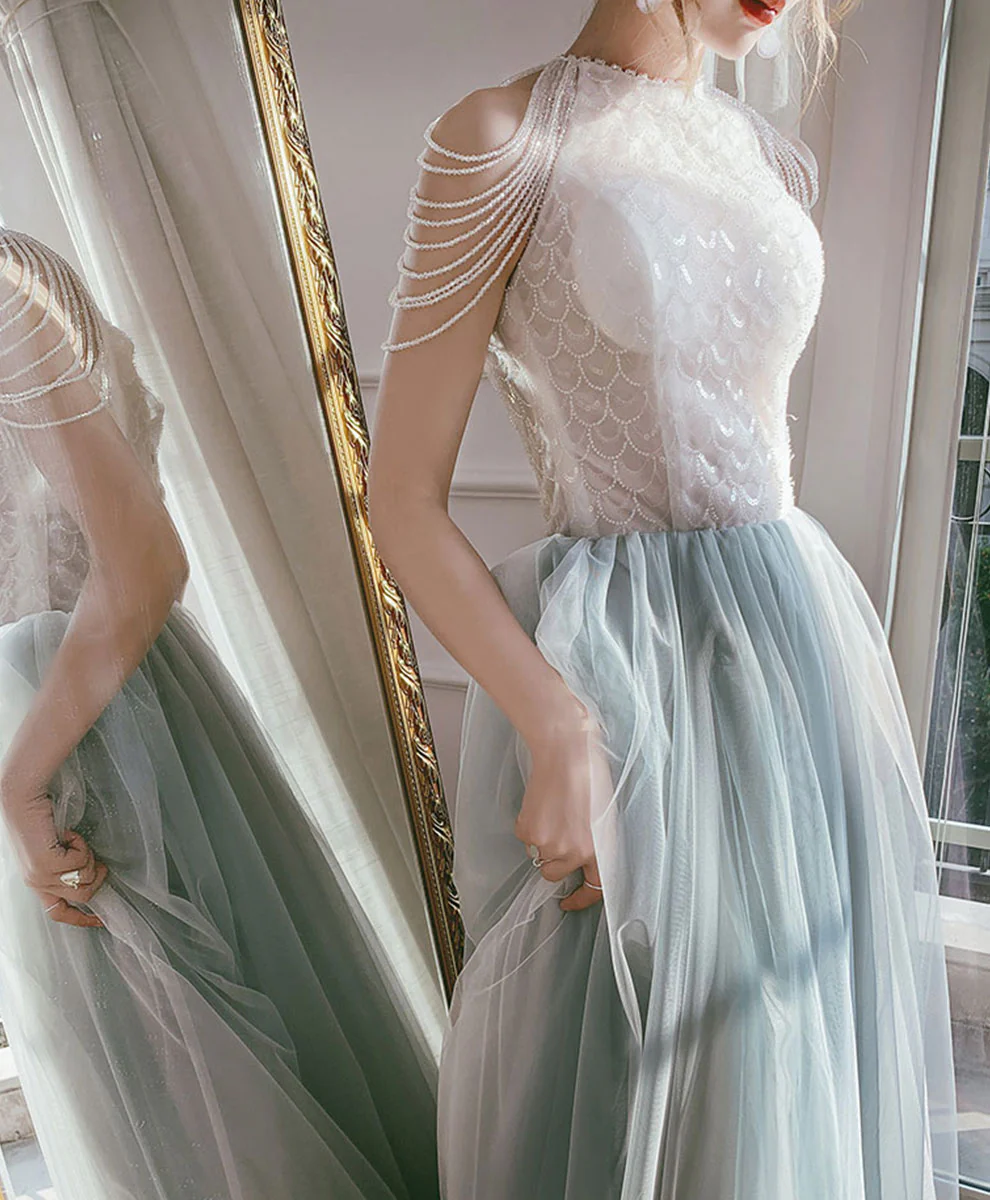 Gray Tulle Sequin Long Prom Dress, Tulle Formal Graduation Dress with Beading - Deanwangkt