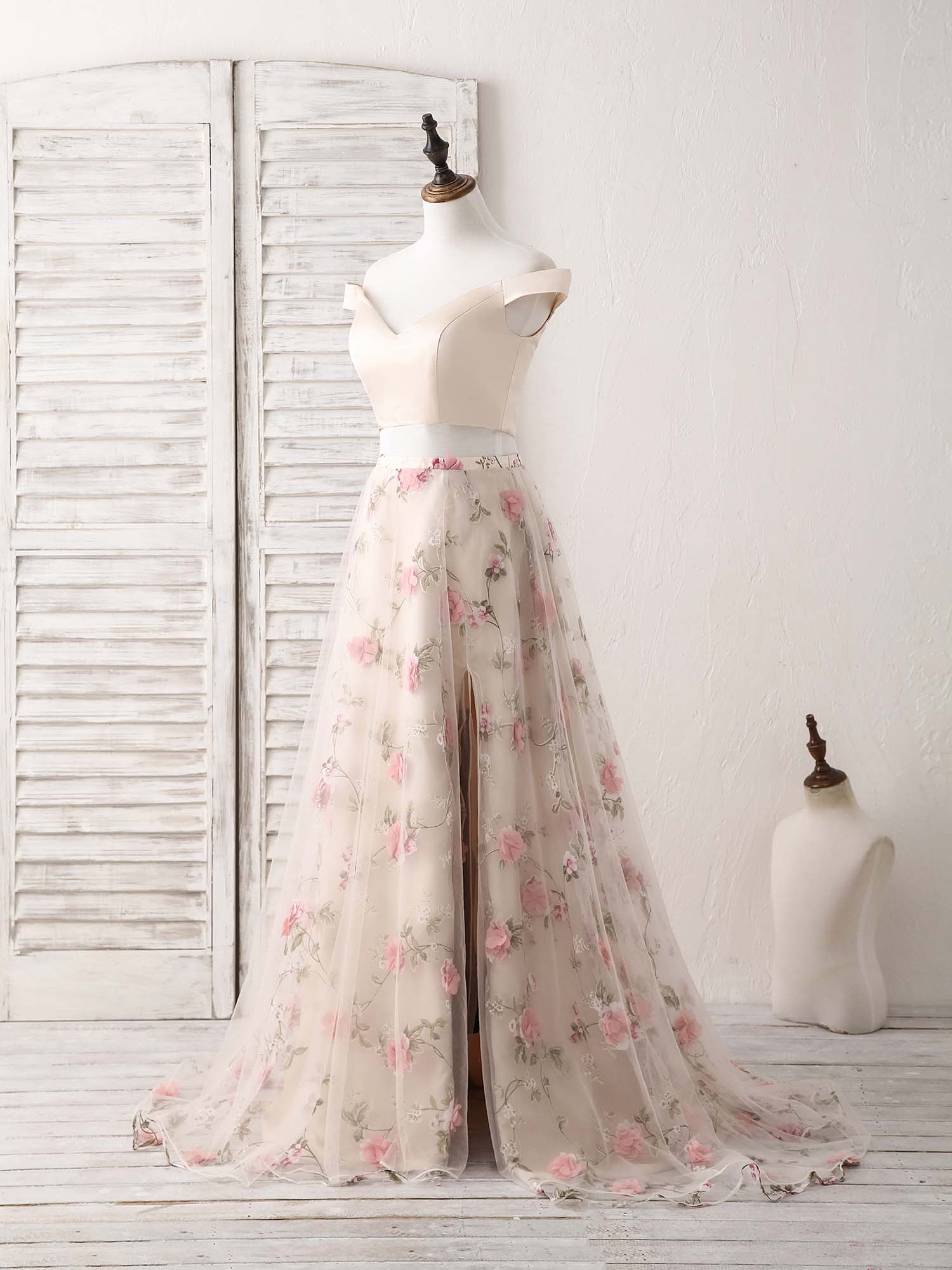 Unique Champagne Two Pieces Long Prom Dress, Champagne Evening Dress - Deanwangkt