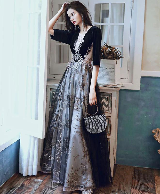 Black Round Neck Tulle Long Prom Dress Black Evening Dress - Deanwangkt