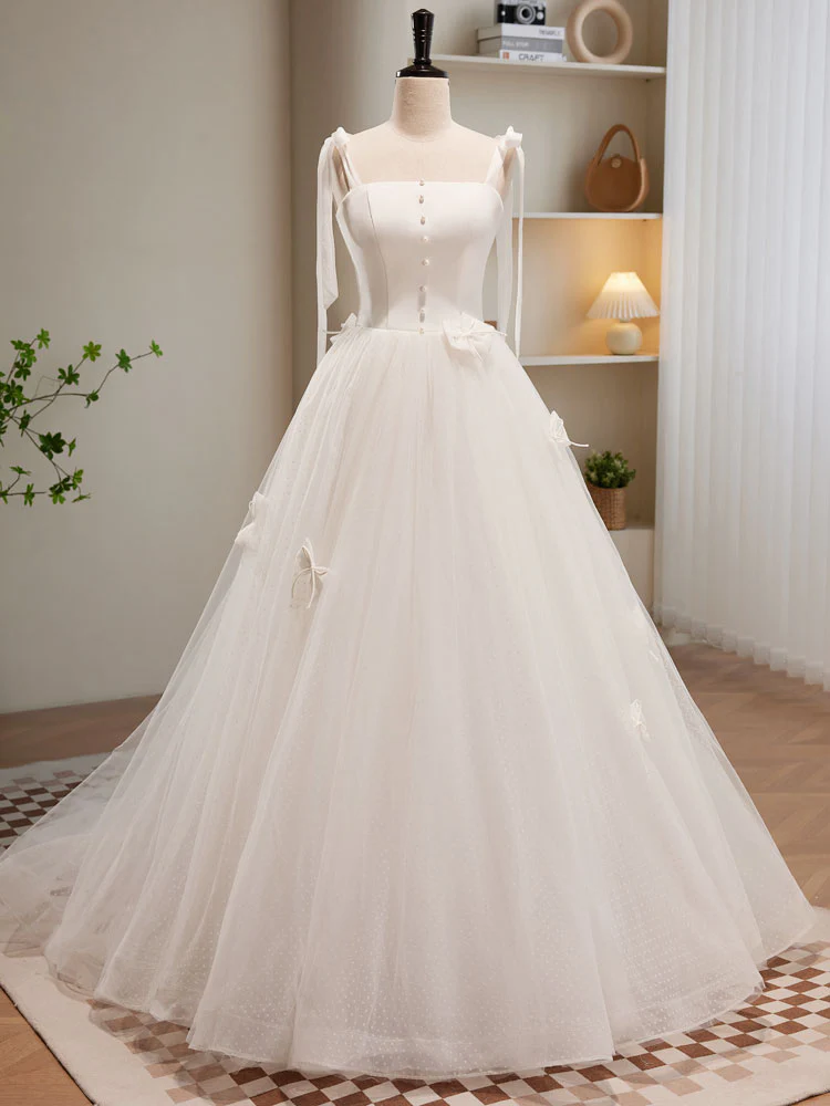 White A-line Tulle Long Prom Dress, White Tulle Formal Dress - Deanwangkt